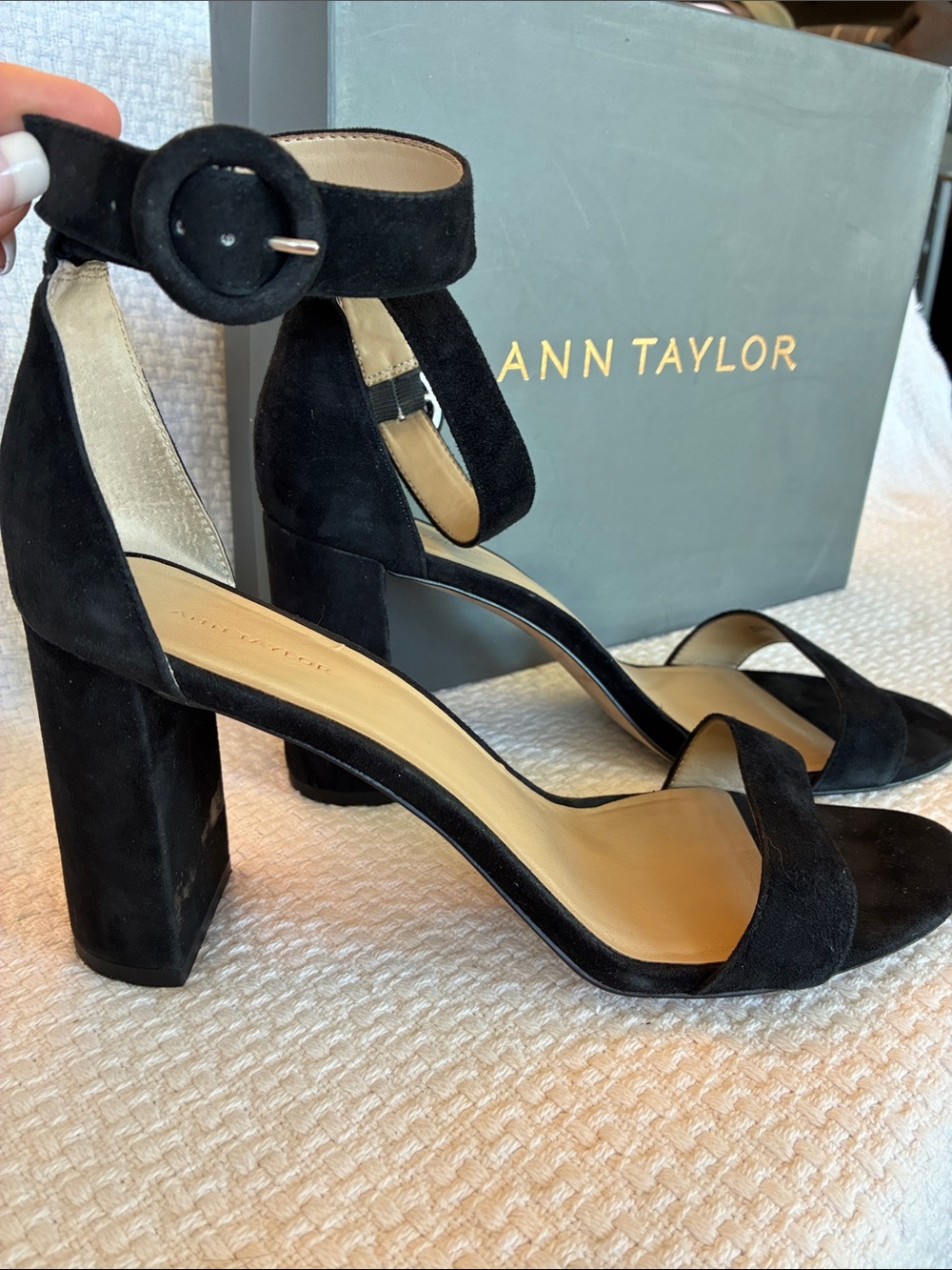 Ann Taylor Black Suede Block Heel Sandals with Round Ankle Buckle with box